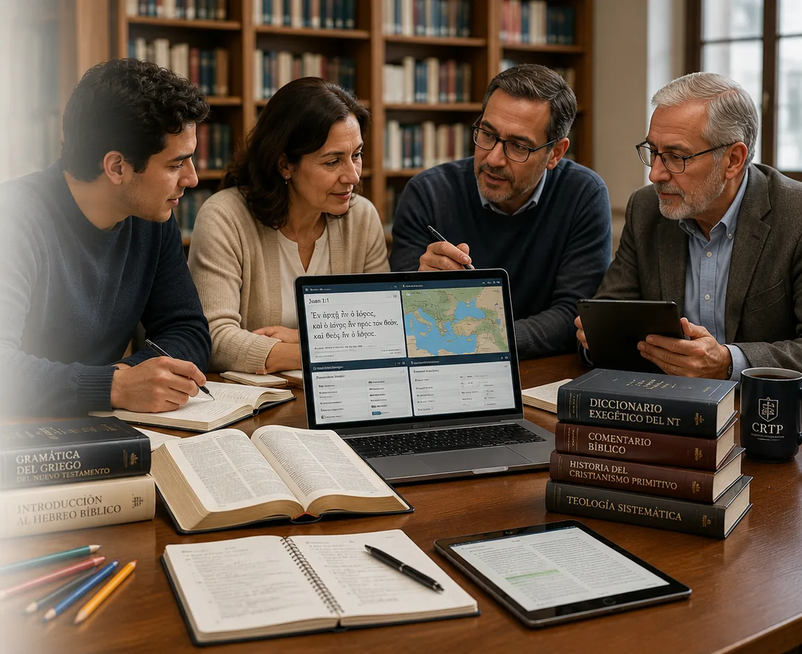 Cuatro personas de distintas edades estudian la Biblia con libros, una laptop y una tablet en una biblioteca.
