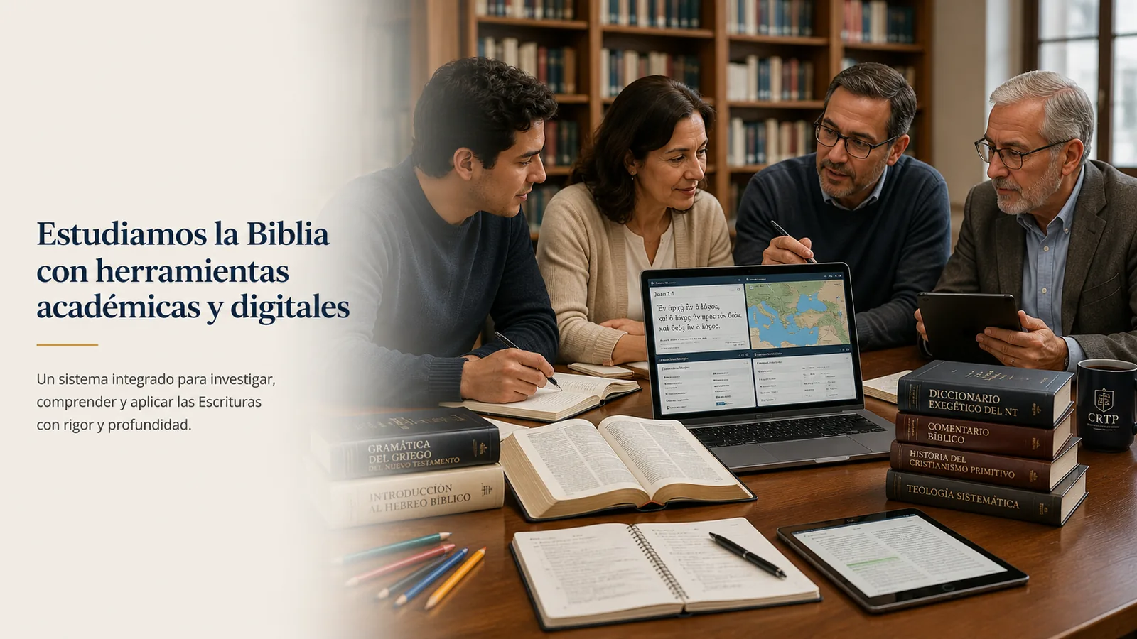 Cuatro personas —joven universitario, mujer adulta, hombre de mediana edad y profesor mayor— estudian juntos la Biblia en una biblioteca, con laptop, tablet y libros académicos sobre la mesa.