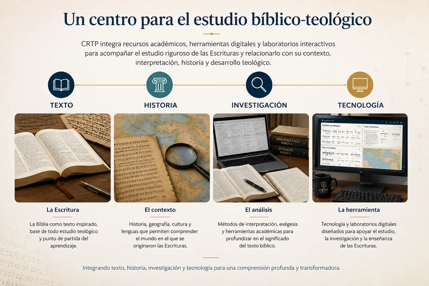 Diagrama de cuatro elementos —Escritura, Contexto, Investigación y Herramienta— que representan el enfoque de CRTP.