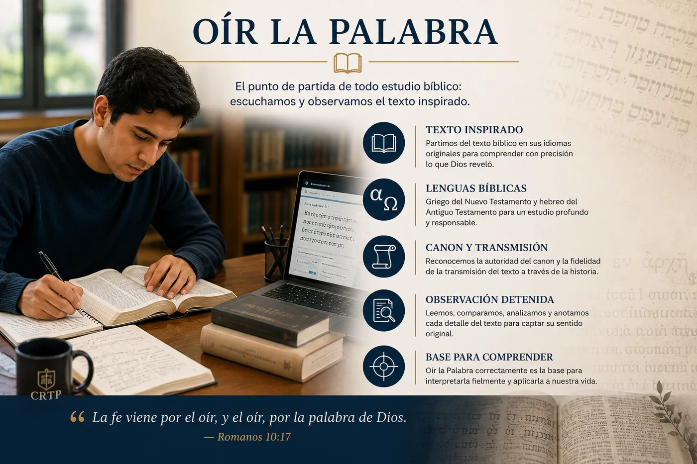 Persona leyendo y tomando notas de la Biblia junto a una laptop, ilustrando la etapa de oír la Palabra.