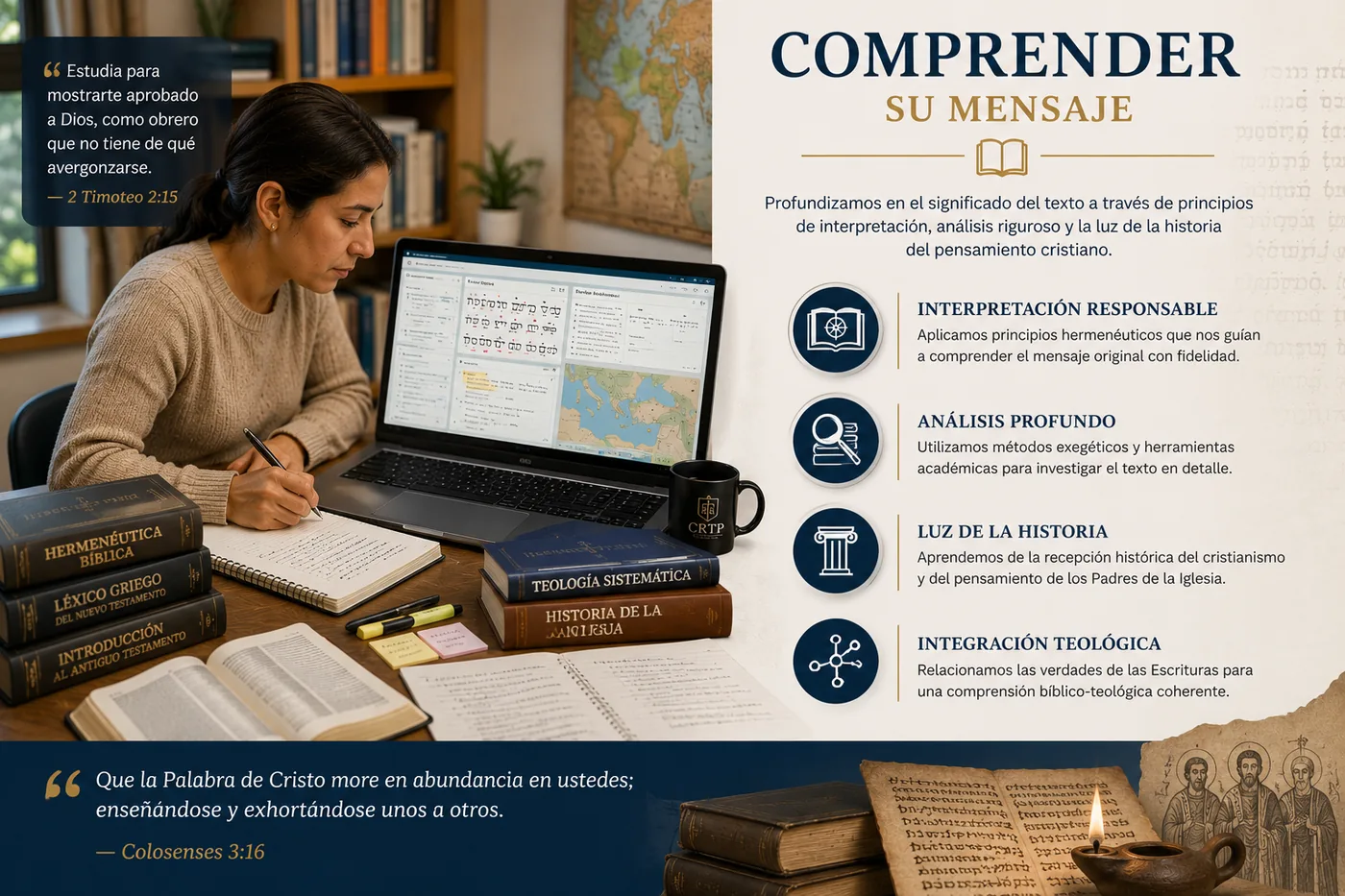Persona analizando libros de hermenéutica y teología junto a una laptop, ilustrando comprender el mensaje bíblico.