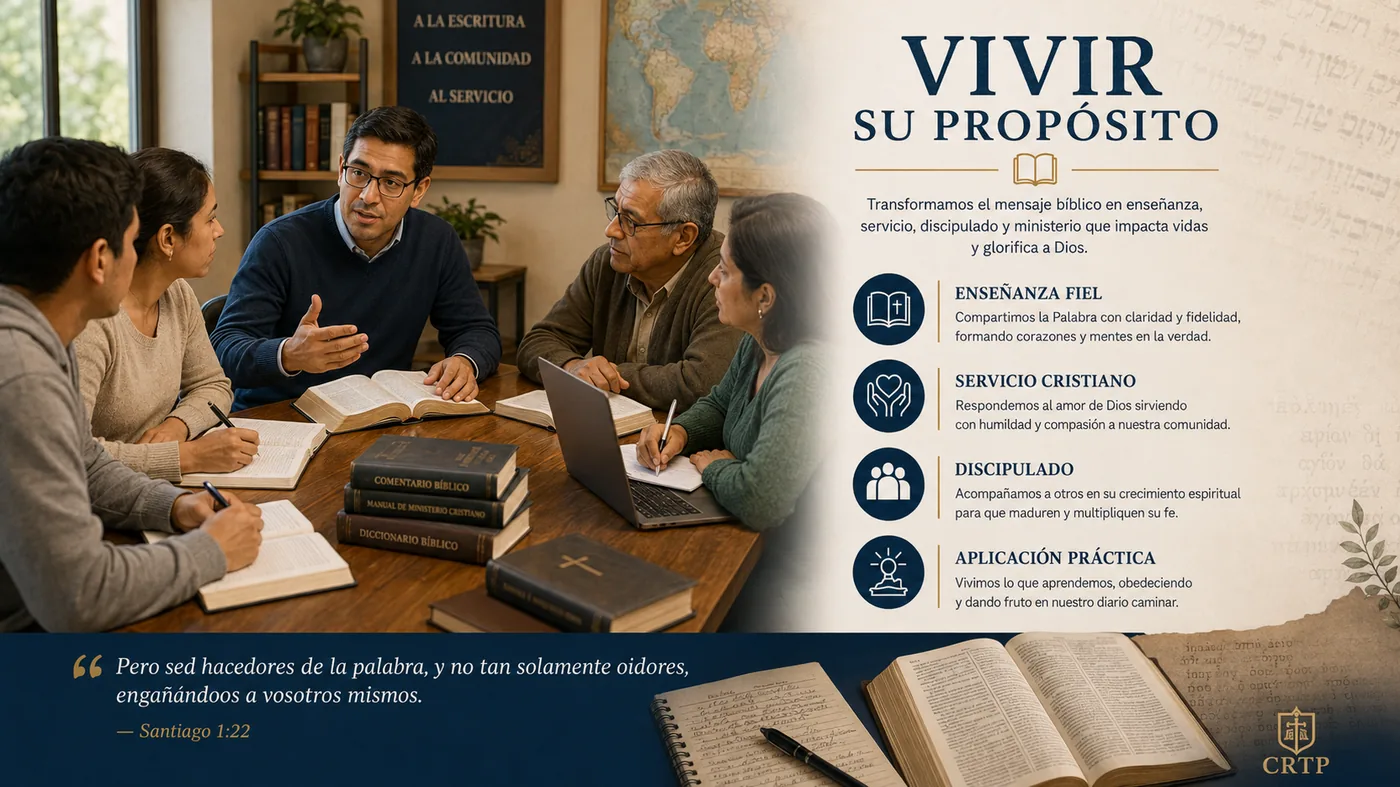 Grupo de personas conversando alrededor de una mesa con Biblias abiertas, ilustrando vivir el propósito del mensaje bíblico.