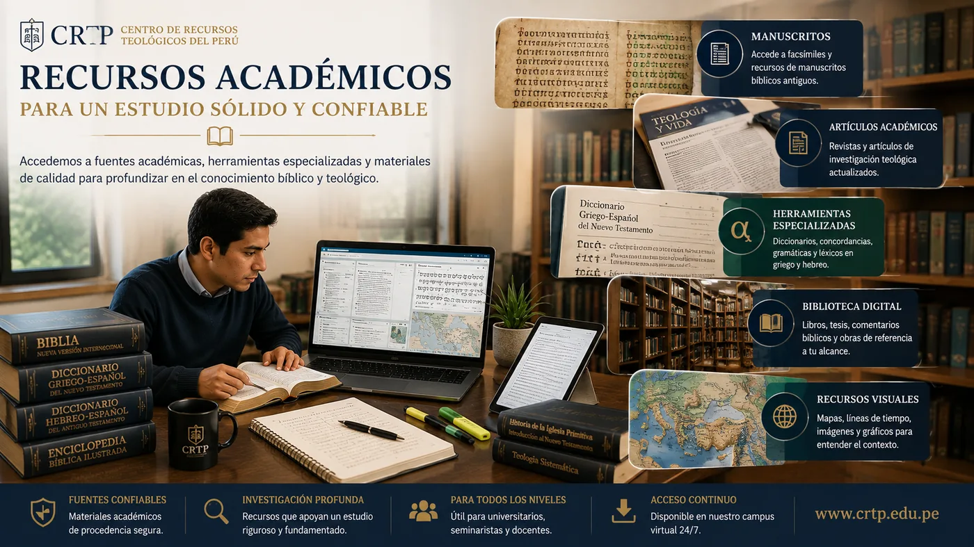 Persona estudiando con Biblia, laptop y libros de referencia, rodeada de recursos académicos.