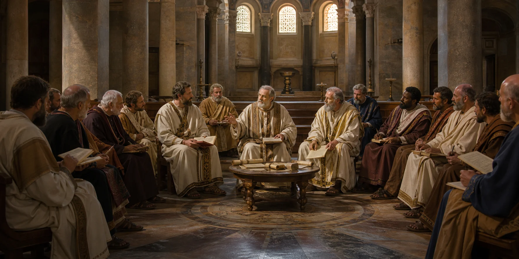 Padres de la Iglesia reunidos en concilio.